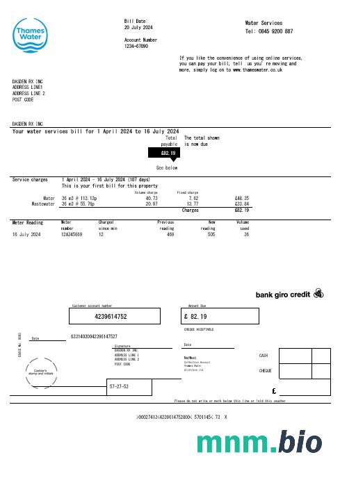 Wielka Brytania Thames Water rachunek za usługi komunalne szablon w formacie Word i PDF